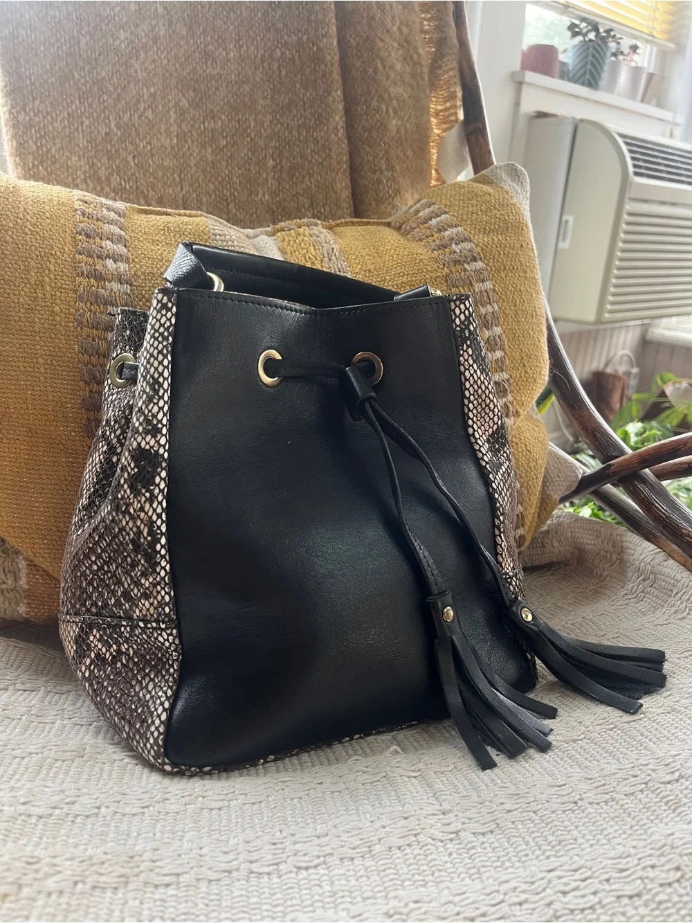 Black Italian Leather Drawstring Satchel with Snake-Print Panels